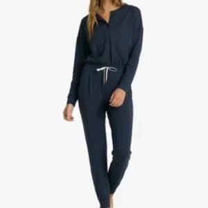 Vuori Lux Henley Jumpsuit Women XS Heather Navy Blue Long Sleeve Drawstring